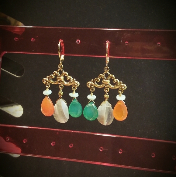 gen stones;Calcedony,Carnelian,14KGF Earrings. 2" - Picture 3 of 6